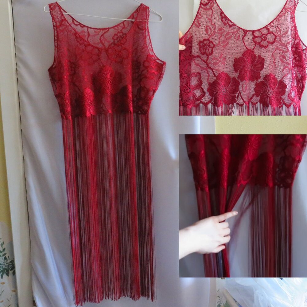 Vintage-Style Red Lace Dress with Long Fringe Flapper Style, Retro, Halloween